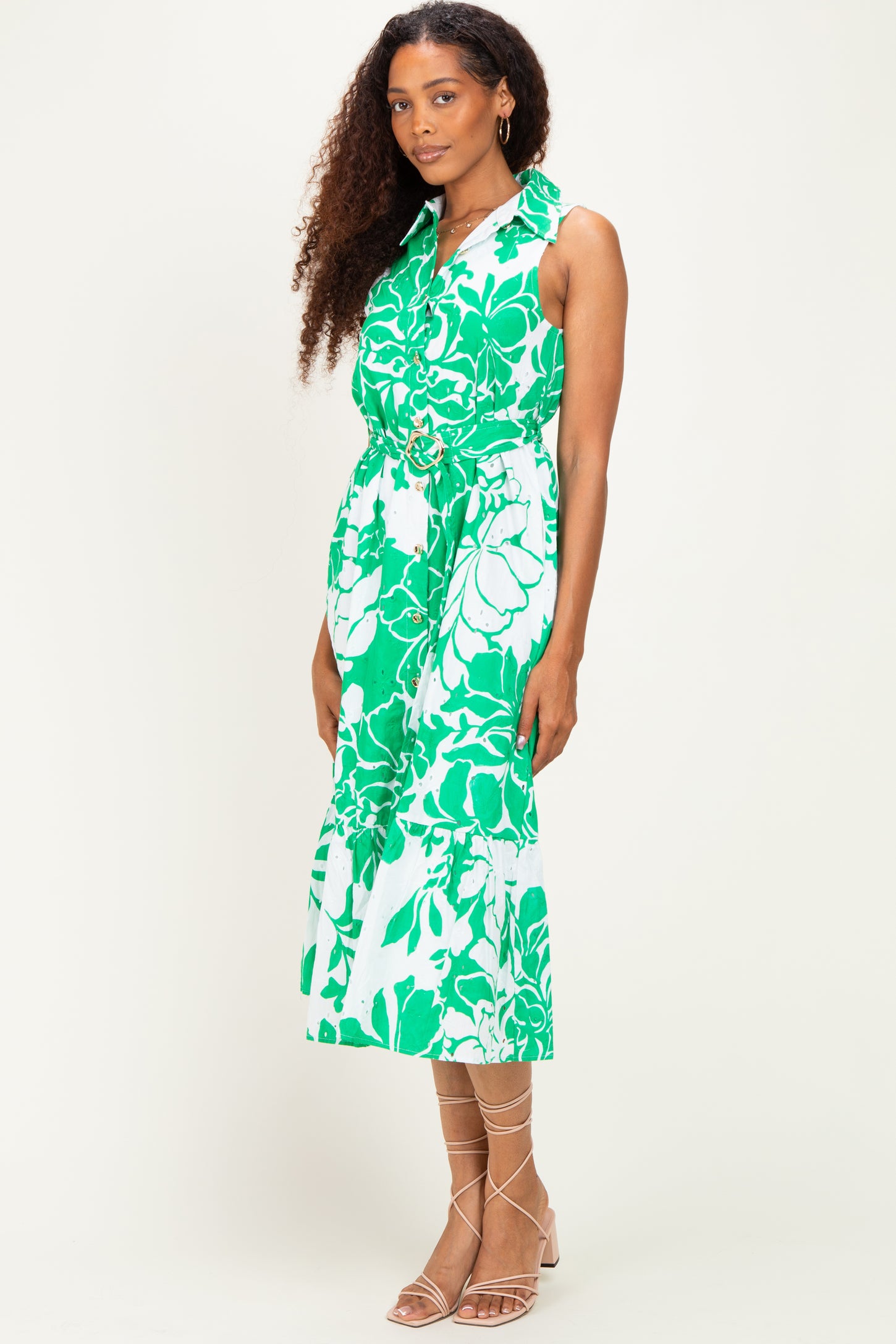 Green Floral Belted Sleeveless Shirt Dress