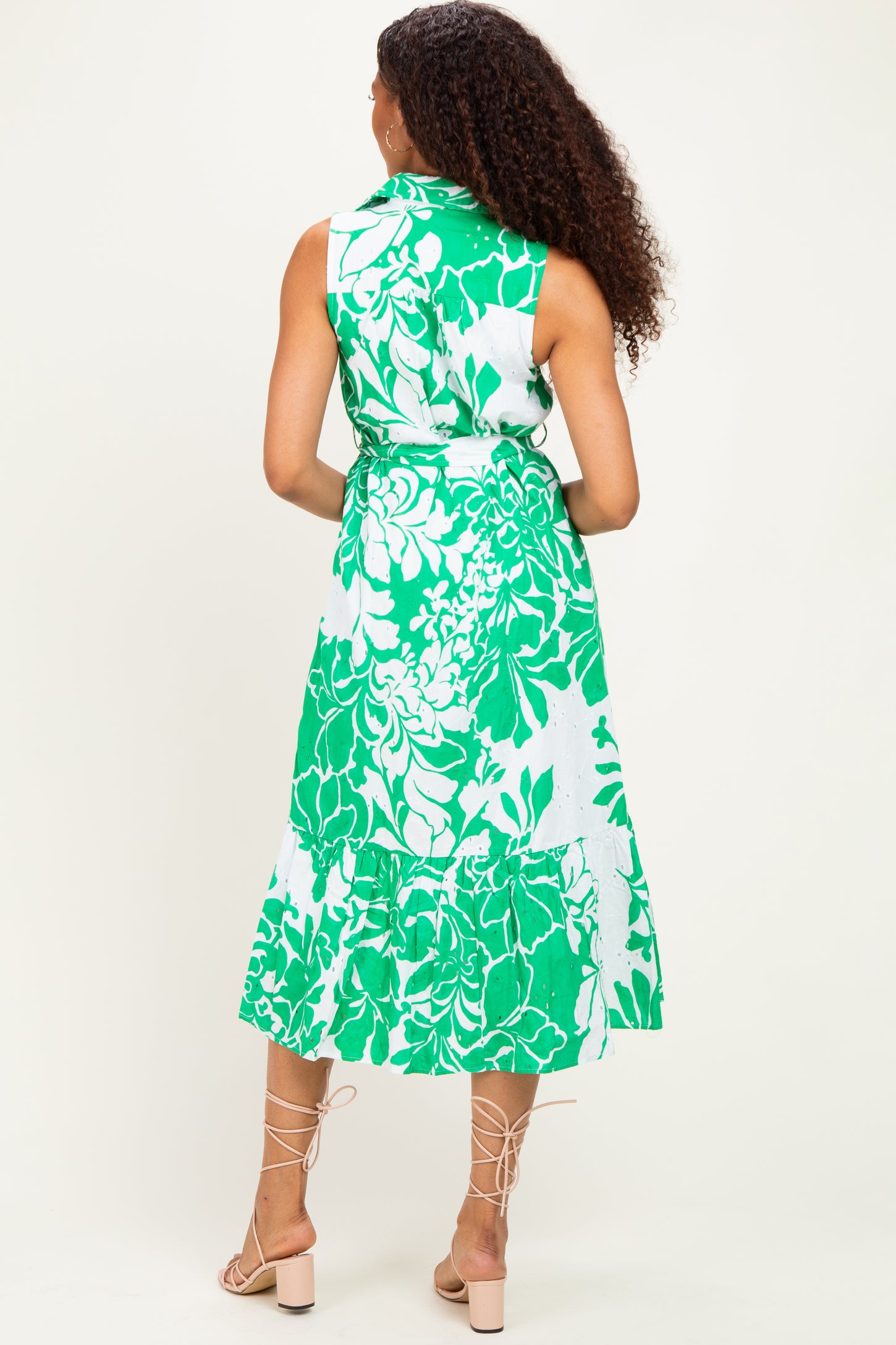 Green Floral Belted Sleeveless Shirt Dress