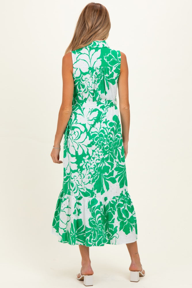 Green Floral Belted Sleeveless Maternity Shirt Dress