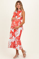 Red Floral Belted Sleeveless Maternity Shirt Dress