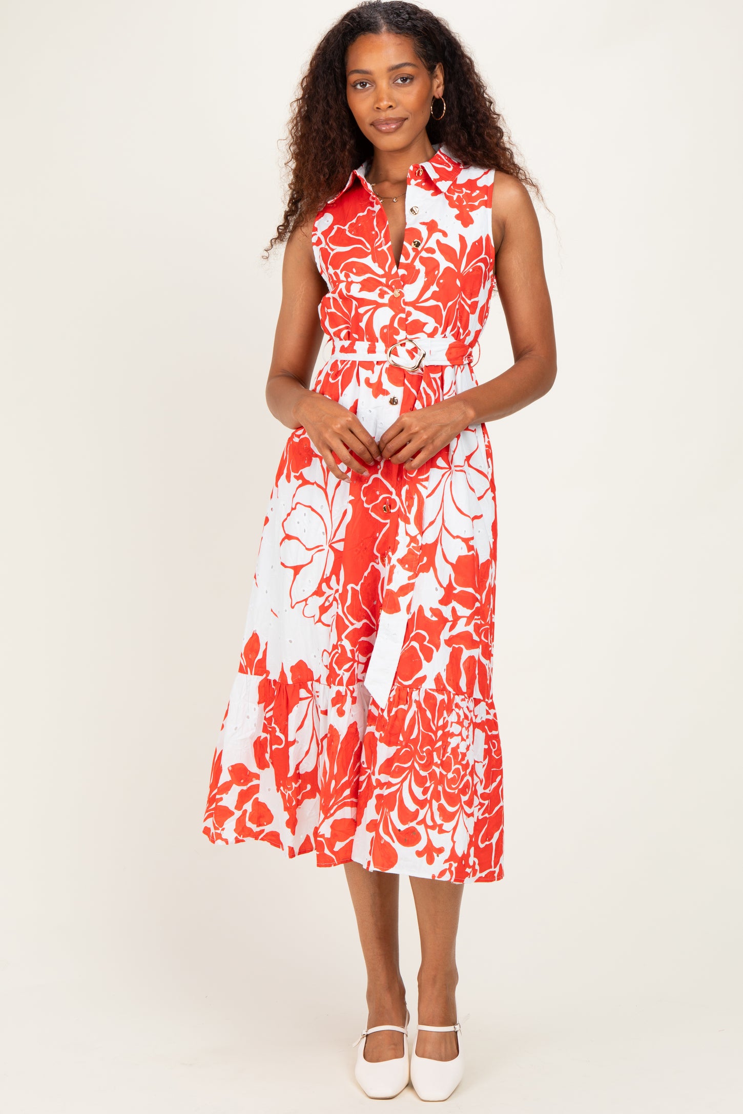 Red Floral Belted Sleeveless Shirt Dress