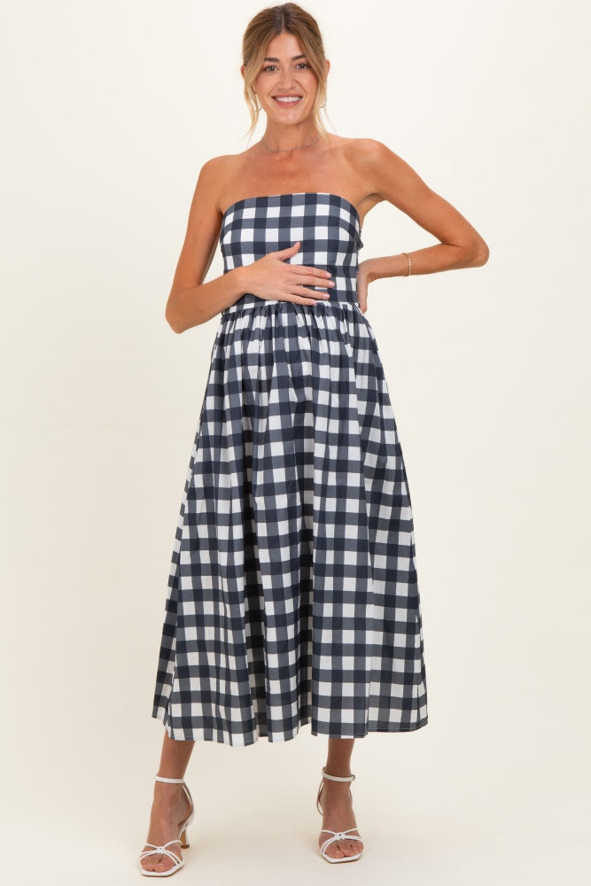 Navy Gingham Strapless Maternity Midi Dress