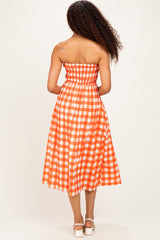 Orange Gingham Strapless Midi Dress