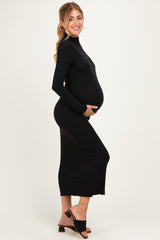 Black Ruffle Mock Neck Long Sleeve Maternity Midi Dress