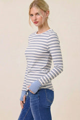 Blue Striped Rib Long Sleeve Fitted Top