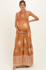 Sandalwood Printed Smocked Halter Maternity Maxi Dress