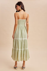 Mint Cream Printed Lace Tiered Maxi Dress