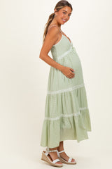 Mint Cream Printed Lace Tiered Maternity Maxi Dress