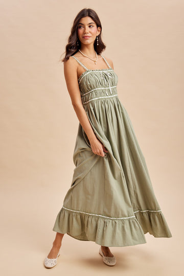 Light Olive Lace Ribbon Detail Maxi Dress