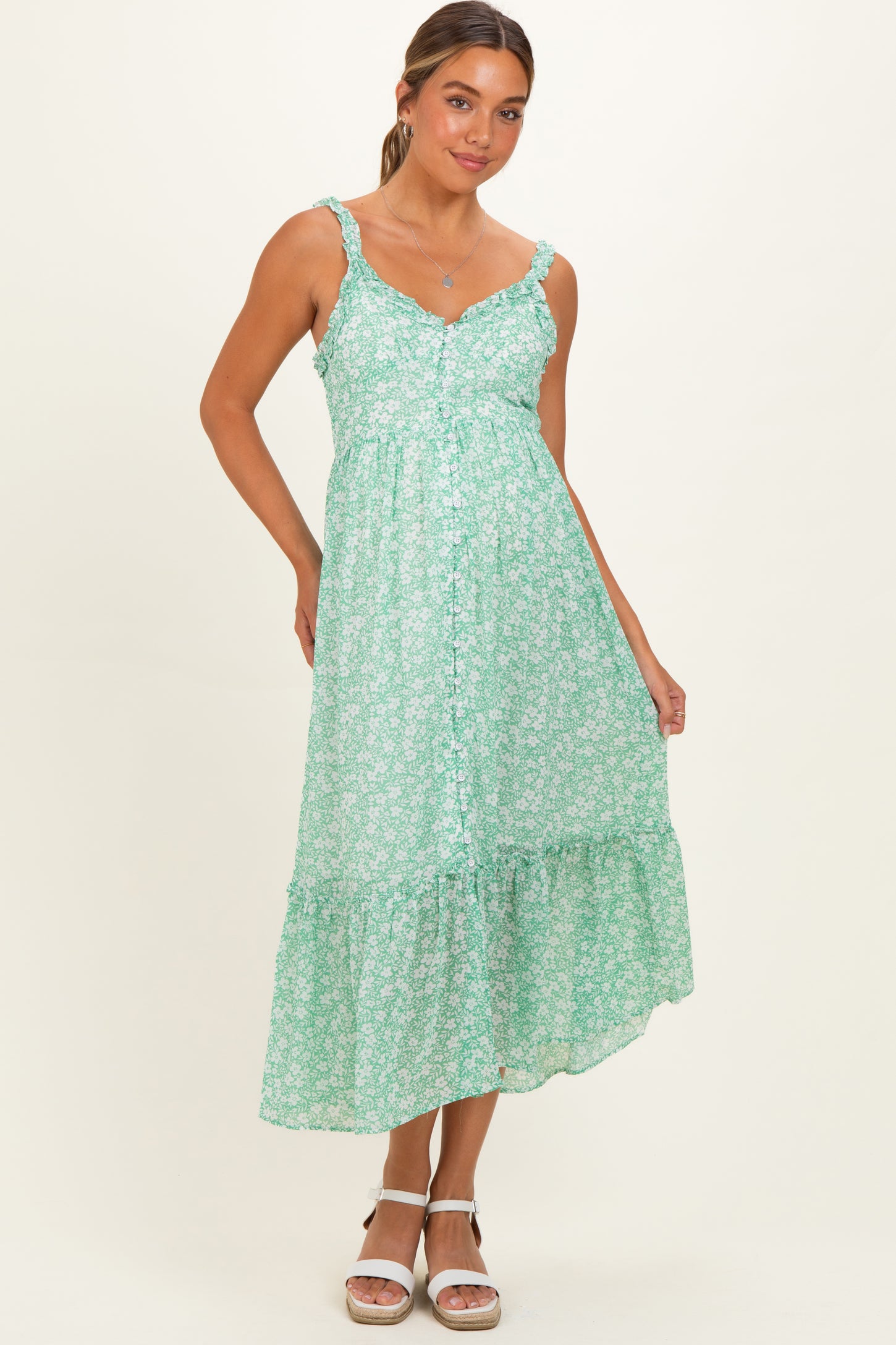 Mint Green Floral Ruffle Strap Button Down Maternity Dress