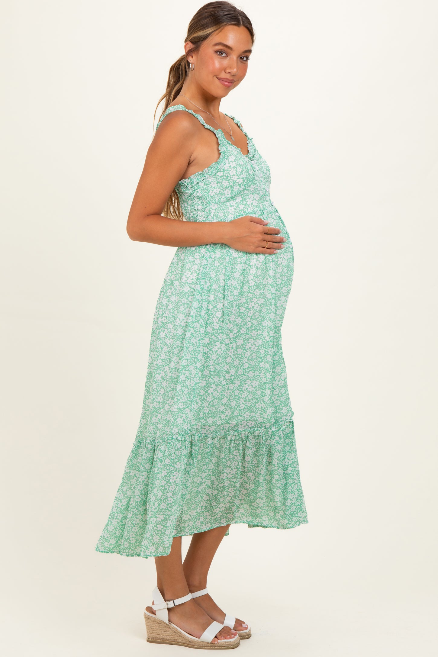 Mint Green Floral Ruffle Strap Button Down Maternity Dress