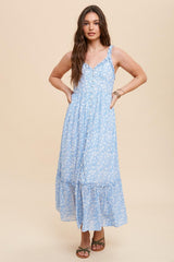 Cornflower Blue Floral Ruffle Strap Button Down Maternity Dress