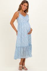 Cornflower Blue Floral Ruffle Strap Button Down Maternity Dress