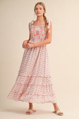 Pink Peach Multi Floral Smocked Midi Dress