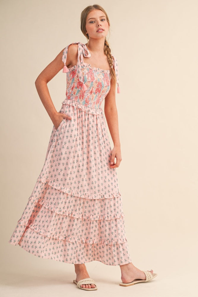 Pink Peach Multi Floral Smocked Midi Dress