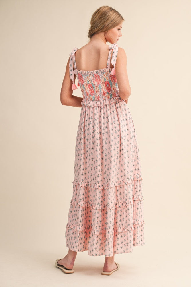Pink Peach Multi Floral Smocked Midi Dress
