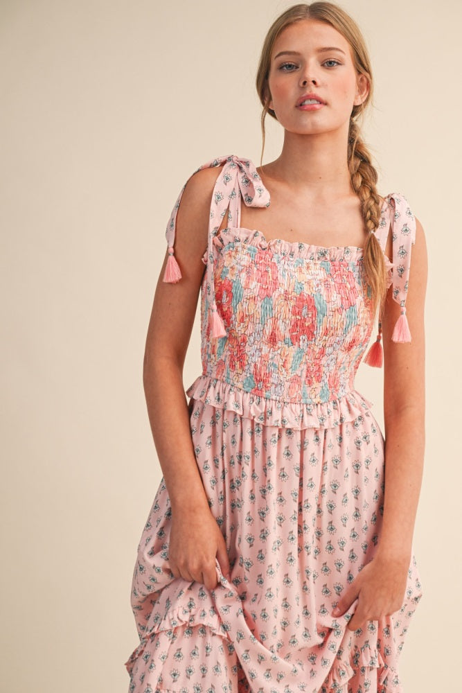 Pink Peach Multi Floral Smocked Midi Dress