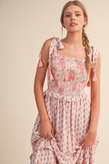 Pink Peach Multi Floral Smocked Midi Dress