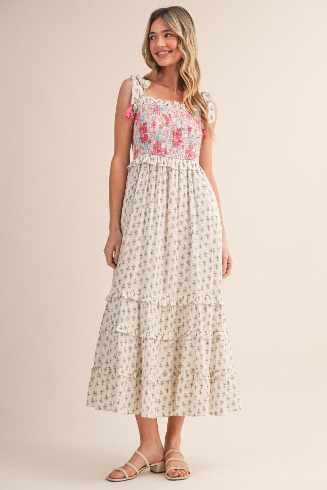 Off White Multi Floral Smocked Midi Dress