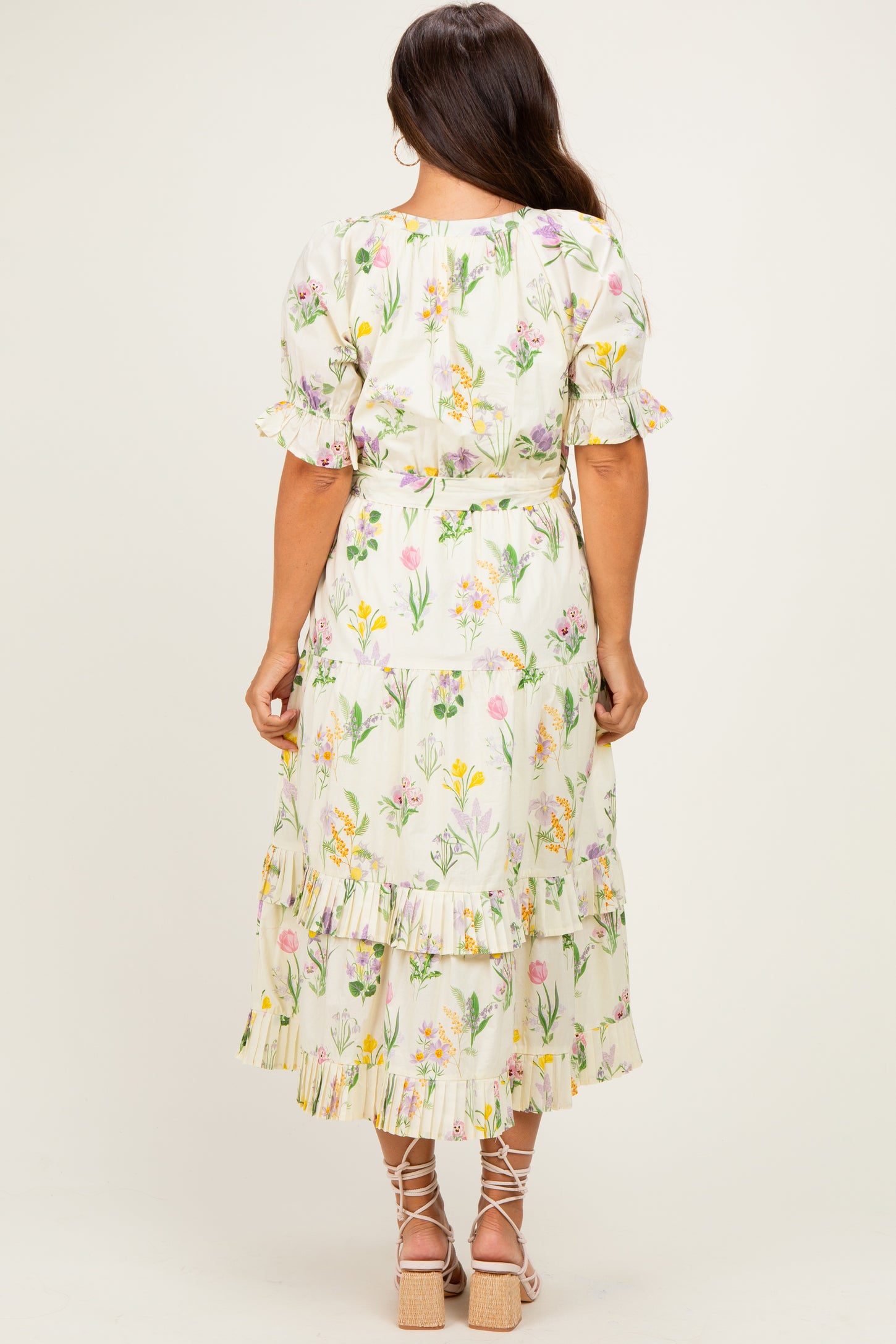 Cream Floral Belted Tiered Maternity Midi Dress