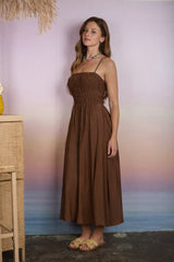 Brown Smocked Thin Strap Midi Dress