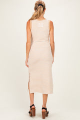 Tan Striped Solid Trim Sleeveless Maternity Midi Dress