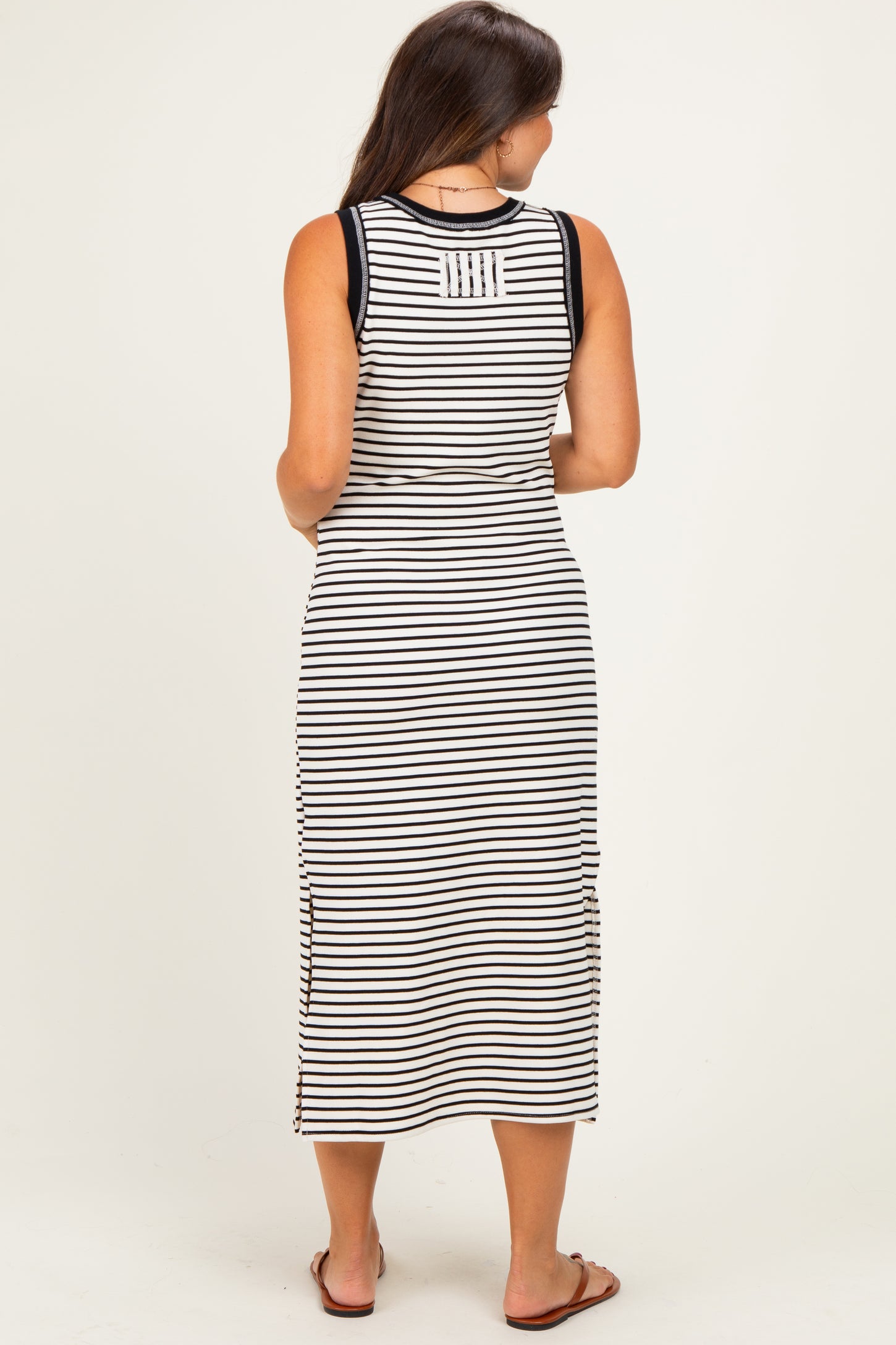 Black Striped Solid Trim Sleeveless Maternity Midi Dress