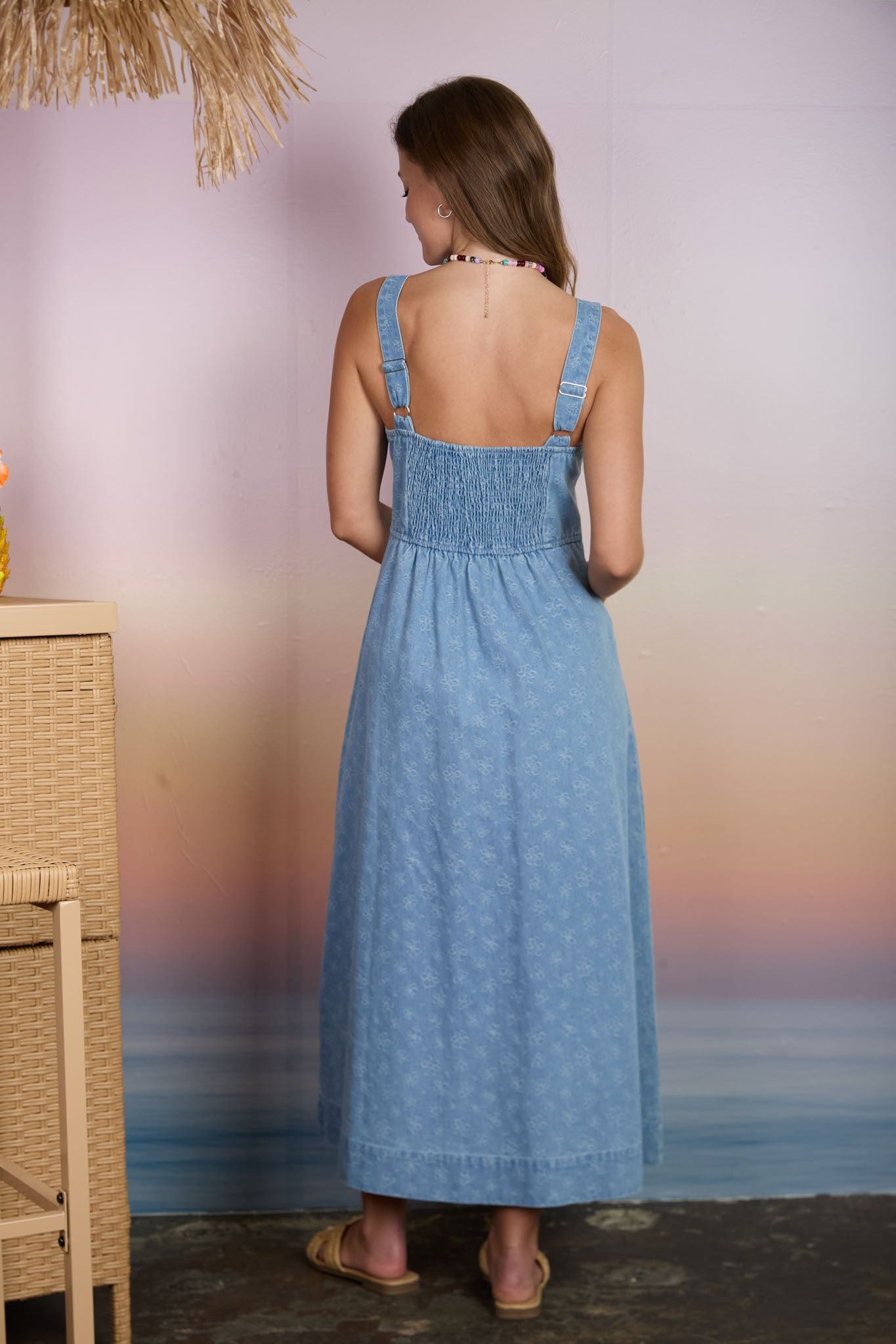 Light Denim Floral Button Down Midi Dress