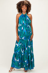 Green Printed Open Cross Back Maternity Maxi Dress