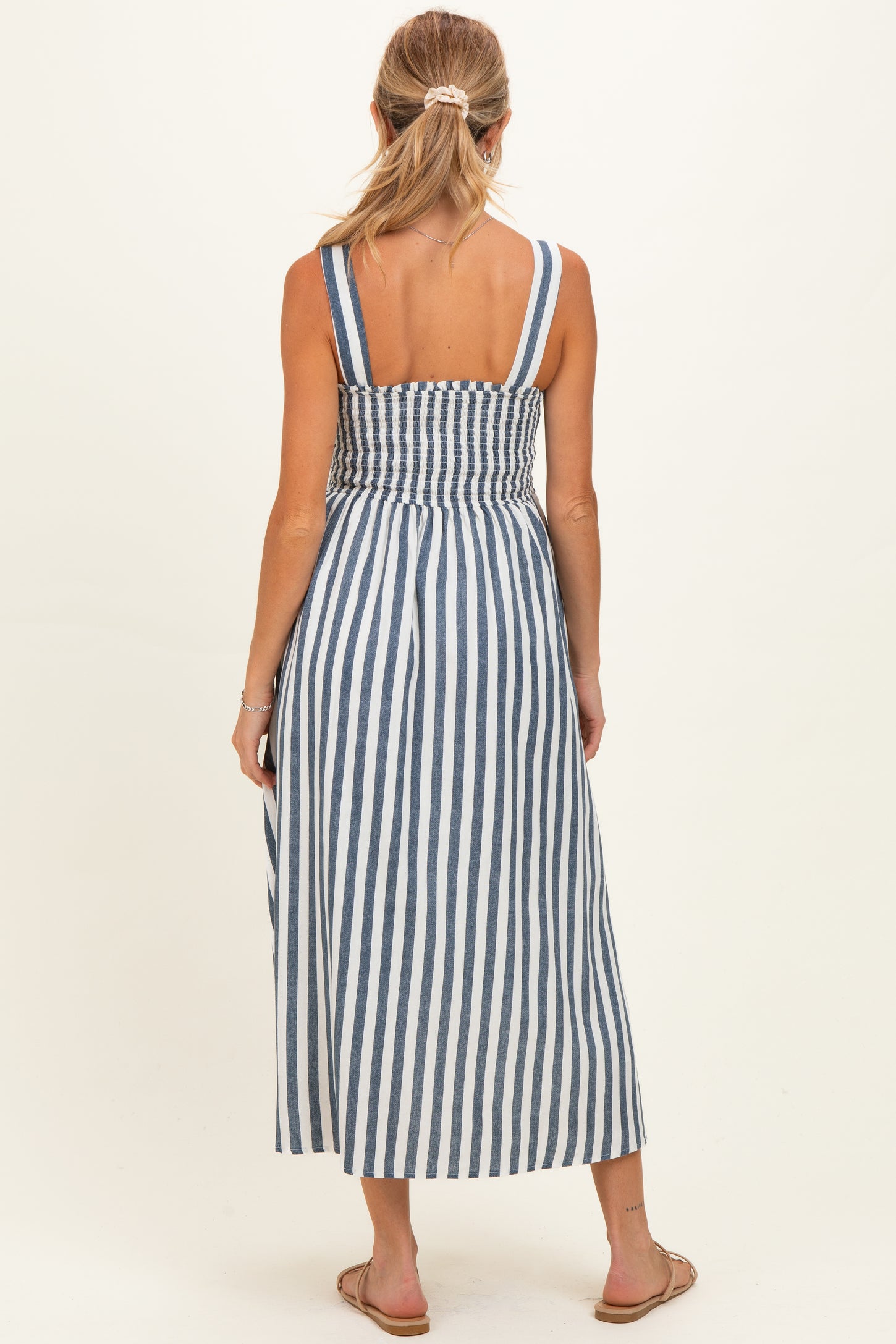 Navy Striped Smocked Sleeveless Maternity Midi Dress