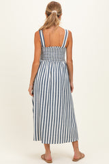 Navy Striped Smocked Sleeveless Maternity Midi Dress