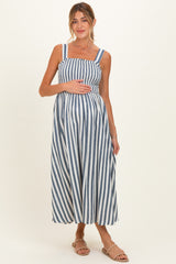Navy Striped Smocked Sleeveless Maternity Midi Dress