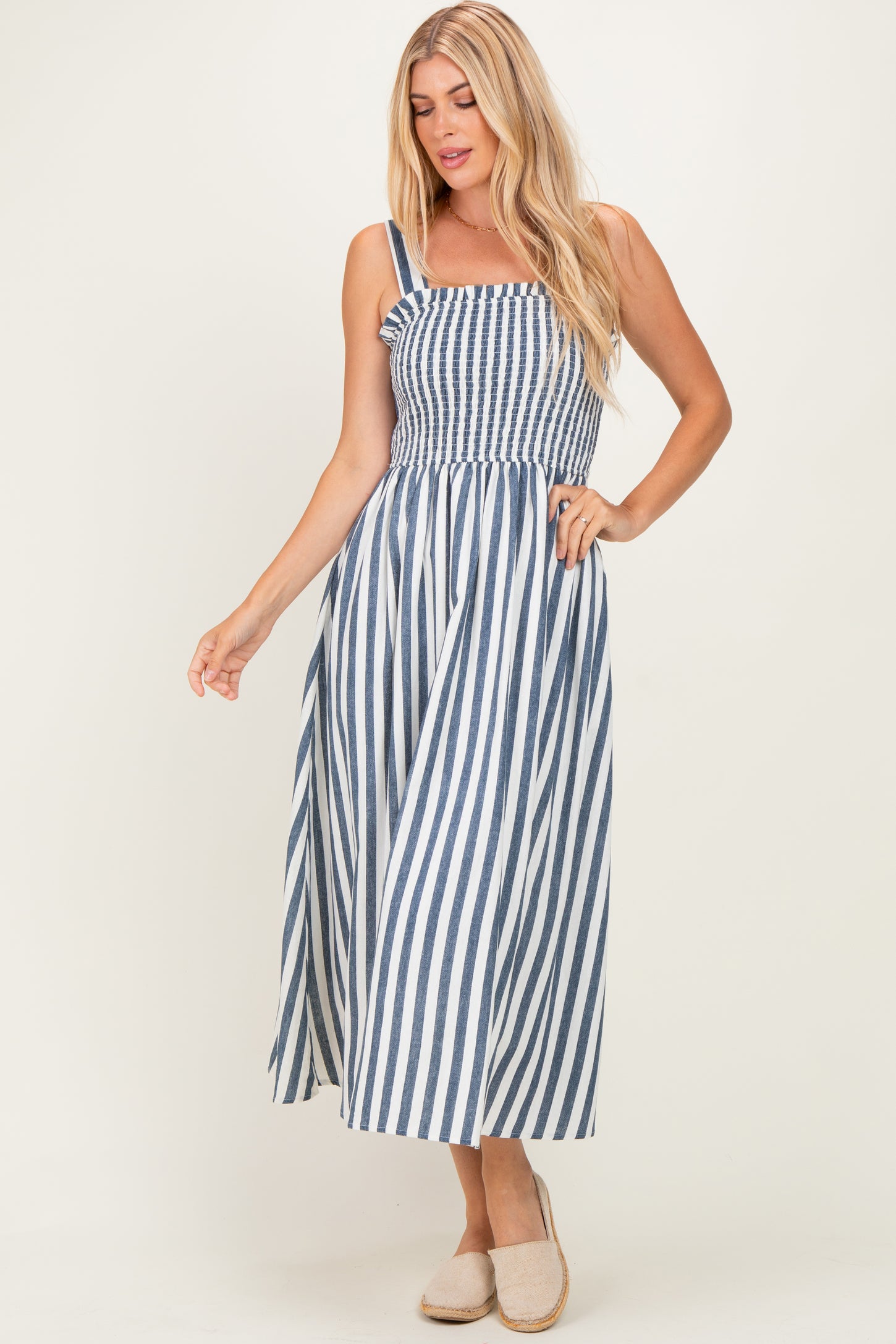 Navy Striped Smocked Sleeveless Maternity Midi Dress