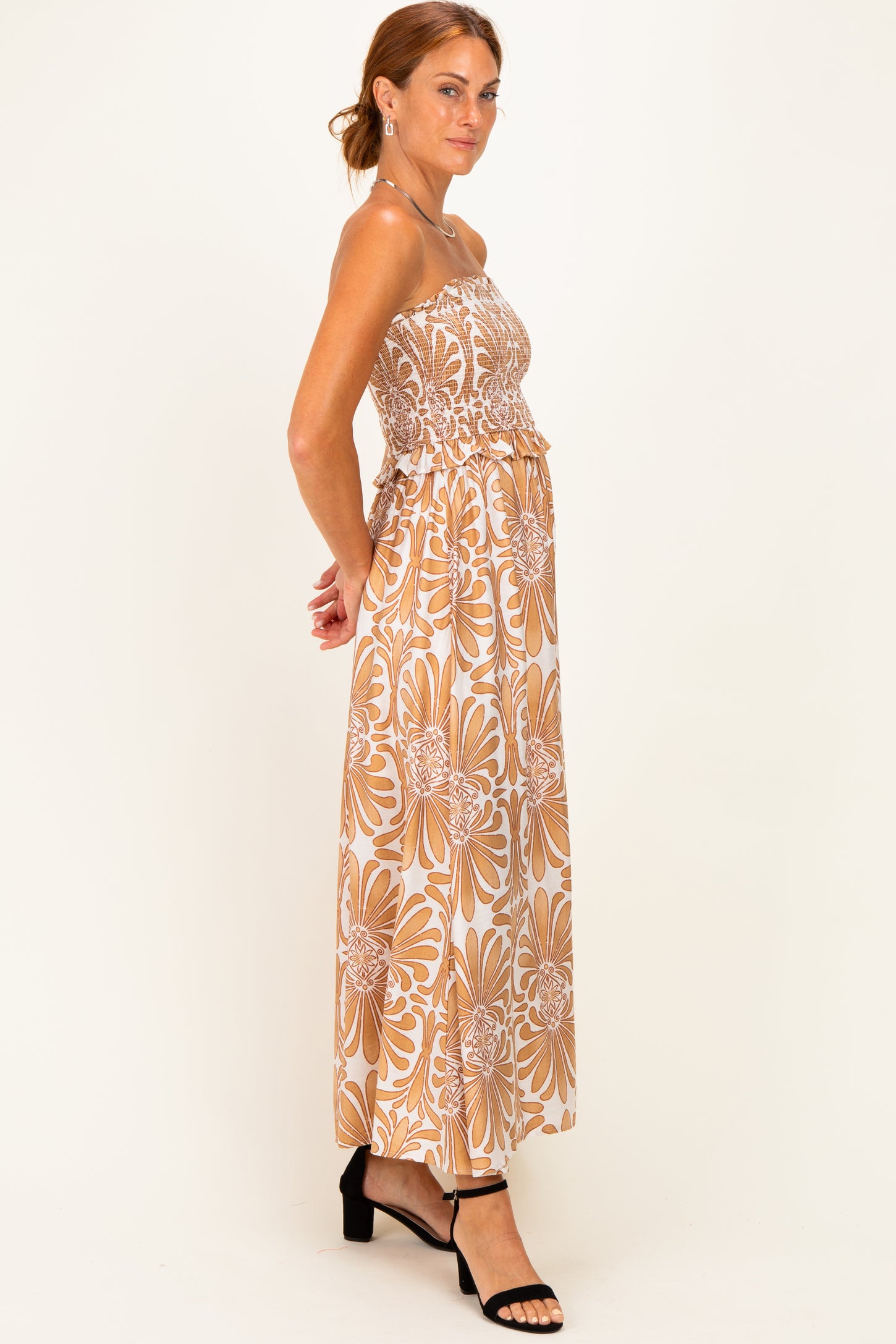 Camel Damask Print Strapless Smocked Midi Dress