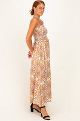 Camel Damask Print Strapless Smocked Midi Dress