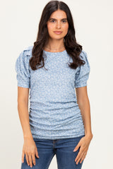Light Blue Floral Short Sleeve Ribbed Top