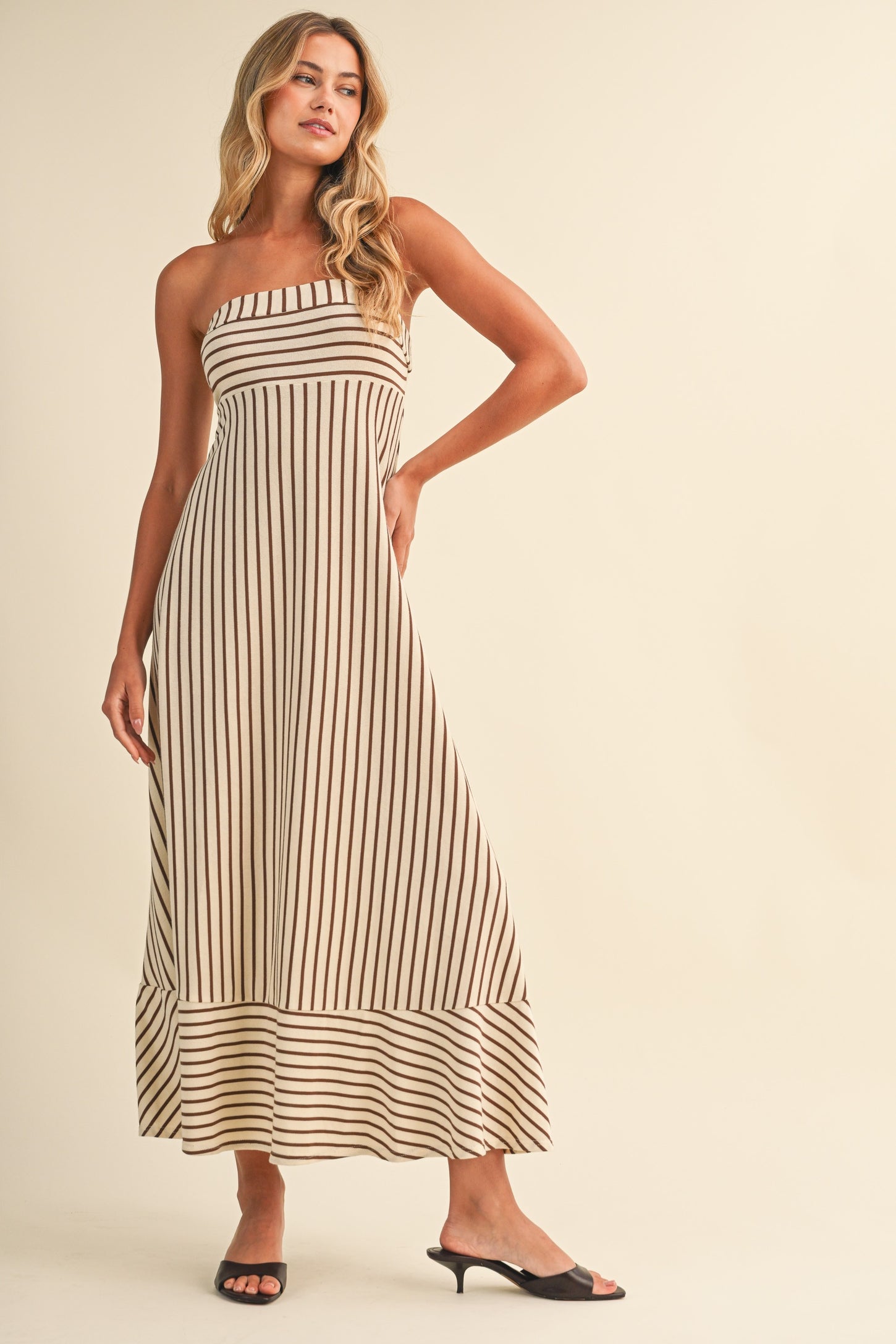 Cream Brown Striped Strapless A-Line Maternity Maxi Dress