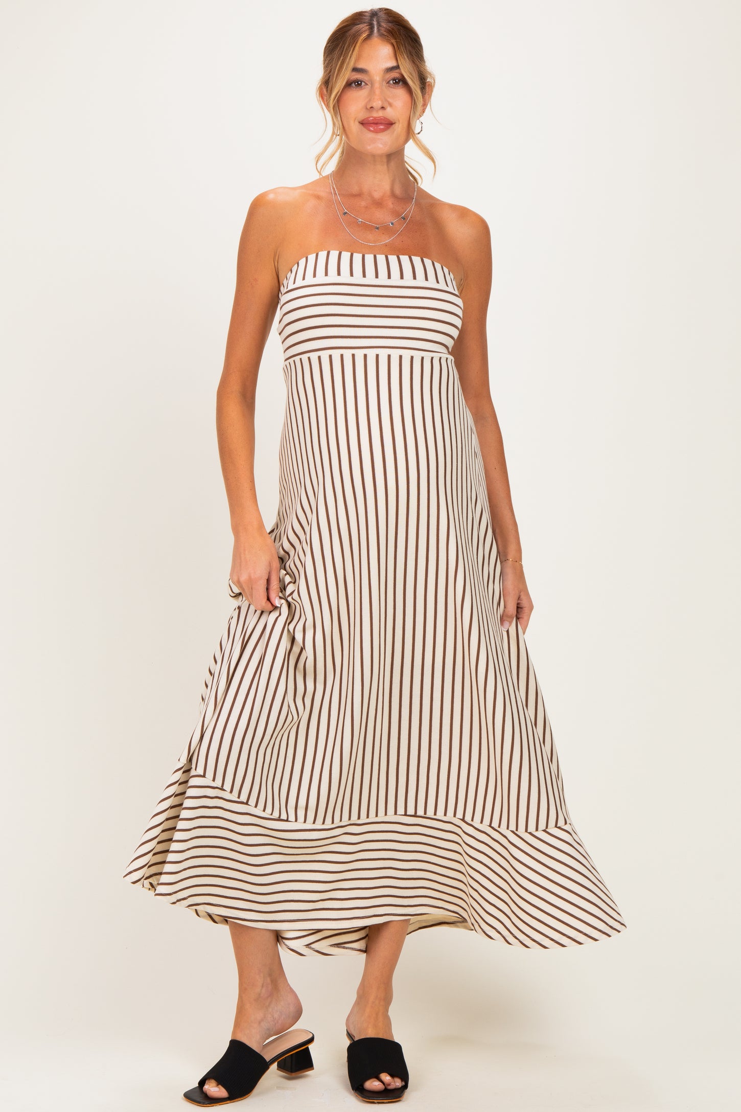 Cream Brown Striped Strapless A-Line Maternity Maxi Dress