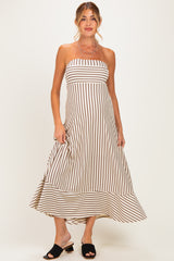 Cream Brown Striped Strapless A-Line Maternity Maxi Dress