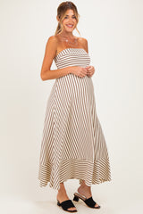 Cream Brown Striped Strapless A-Line Maternity Maxi Dress
