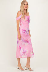 Pink Multi Off-Shoulder Mesh Side Slit Dress