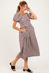 Brown Gingham Lace Trim Puff Sleeve Maternity Midi Dress
