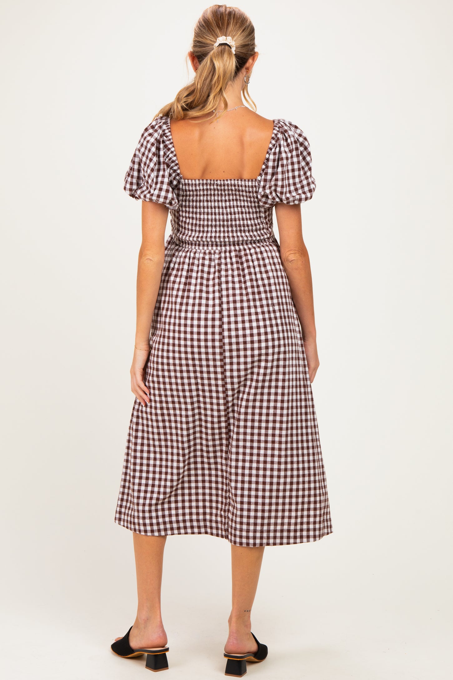 Brown Gingham Lace Trim Puff Sleeve Maternity Midi Dress