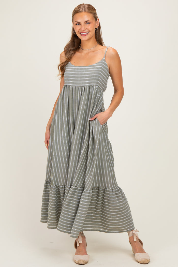 Olive/ Off White Striped Sleeveless Ruffle Hem Maternity Maxi Dress