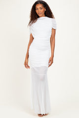 Ivory Draped Bodice Ruched Mesh Maternity Maxi Dress