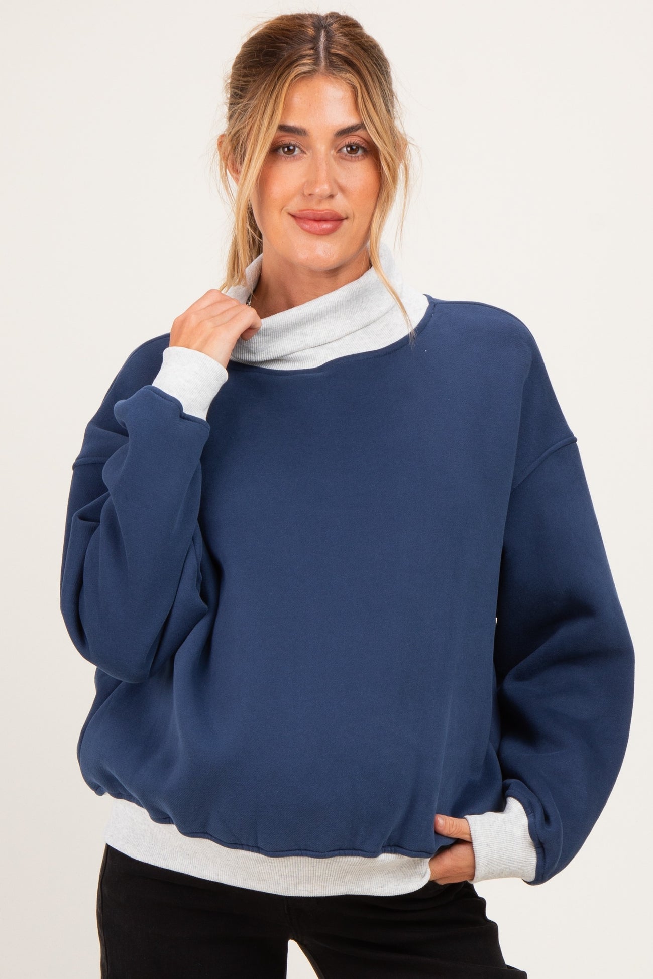 Navy Colorblock Cowl Neck Maternity Sweatshirt
