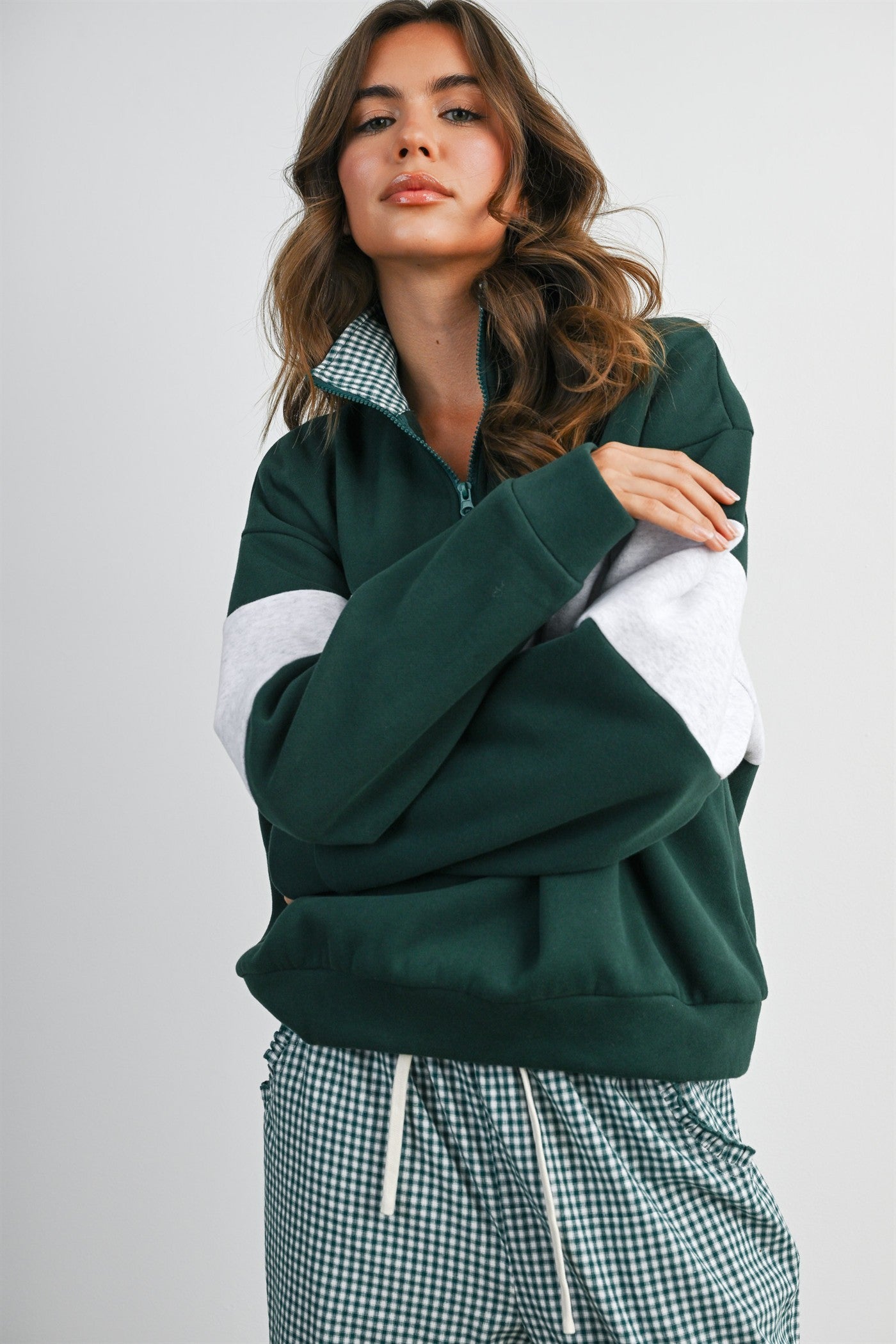 Green Colorblock Quarter Zip Sweatshirt