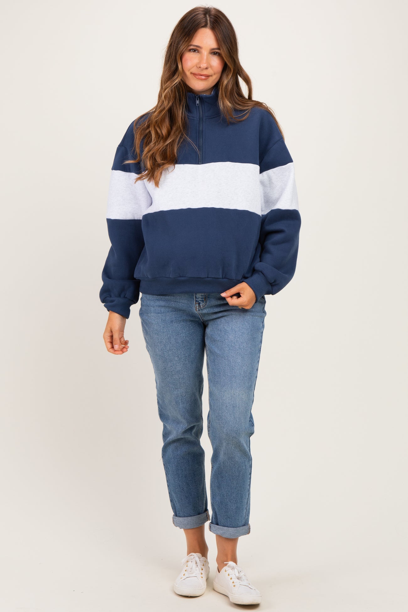 Navy Colorblock Quarter Zip Maternity Sweatshirt