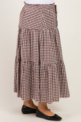 maternity wear brown and white gingham tiered maxi skirt with drawstring waist, model wearing black flat shoes