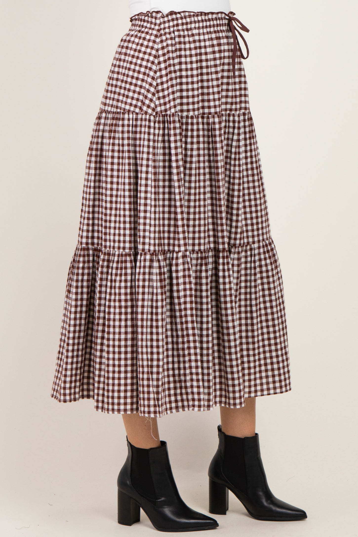 Brown Gingham Tiered Maxi Skirt